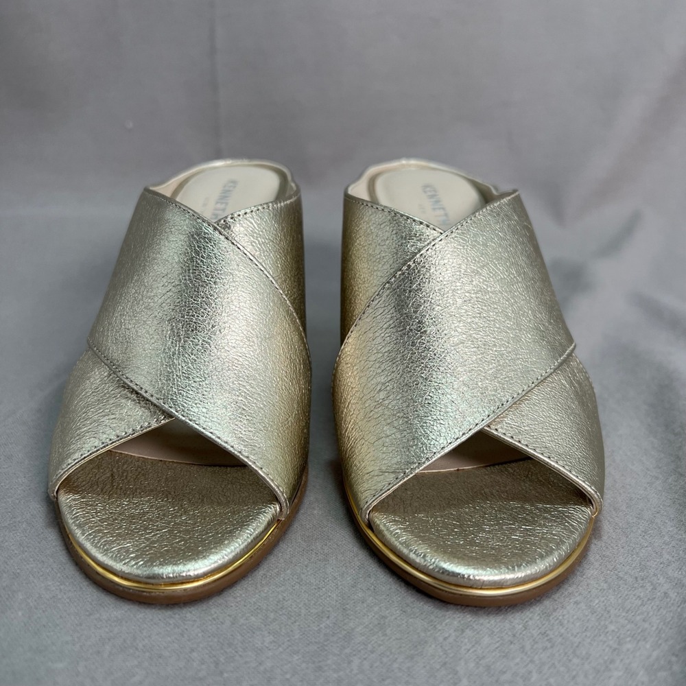 Kenneth Cole Lyra Gold Leather Mules Block Heel Party Chic Metallic Cocktail 7 - Picture 2 of 11